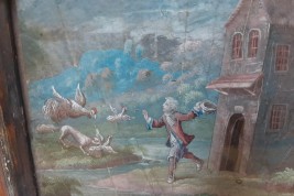 Fox attacking chickens, 17th century fan leaf