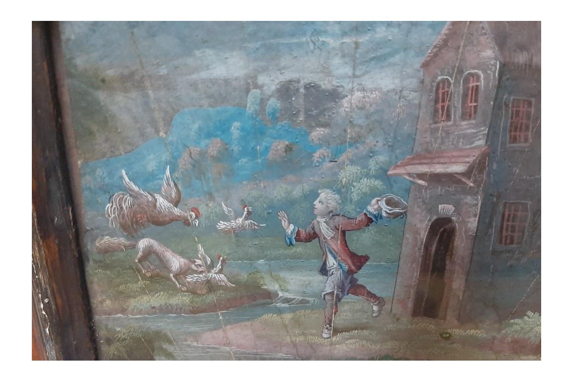 Fox attacking chickens, 17th century fan leaf