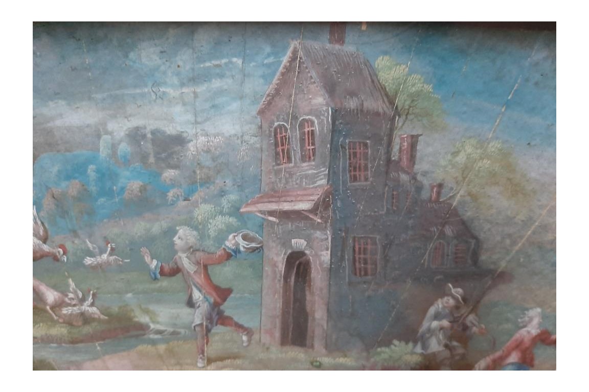 Fox attacking chickens, 17th century fan leaf