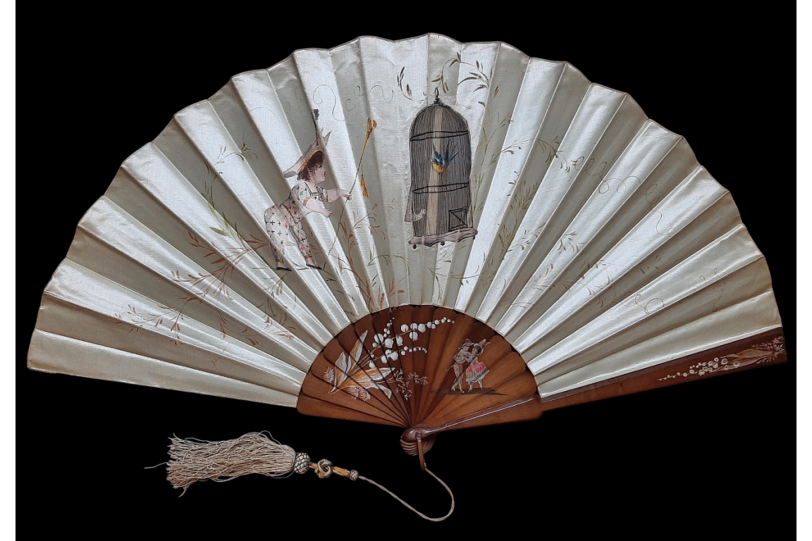 L'oiseau et Arlequin, éventail domino de Dubois-Souci vers 1880-90