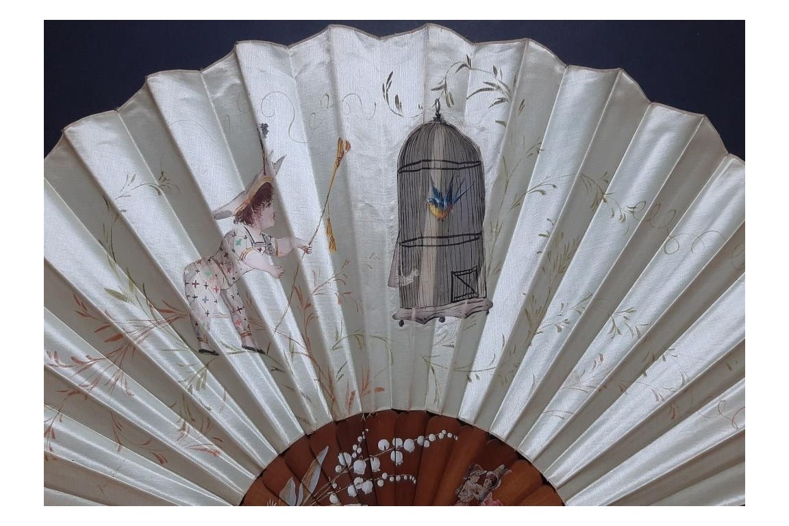 L'oiseau et Arlequin, éventail domino de Dubois-Souci vers 1880-90