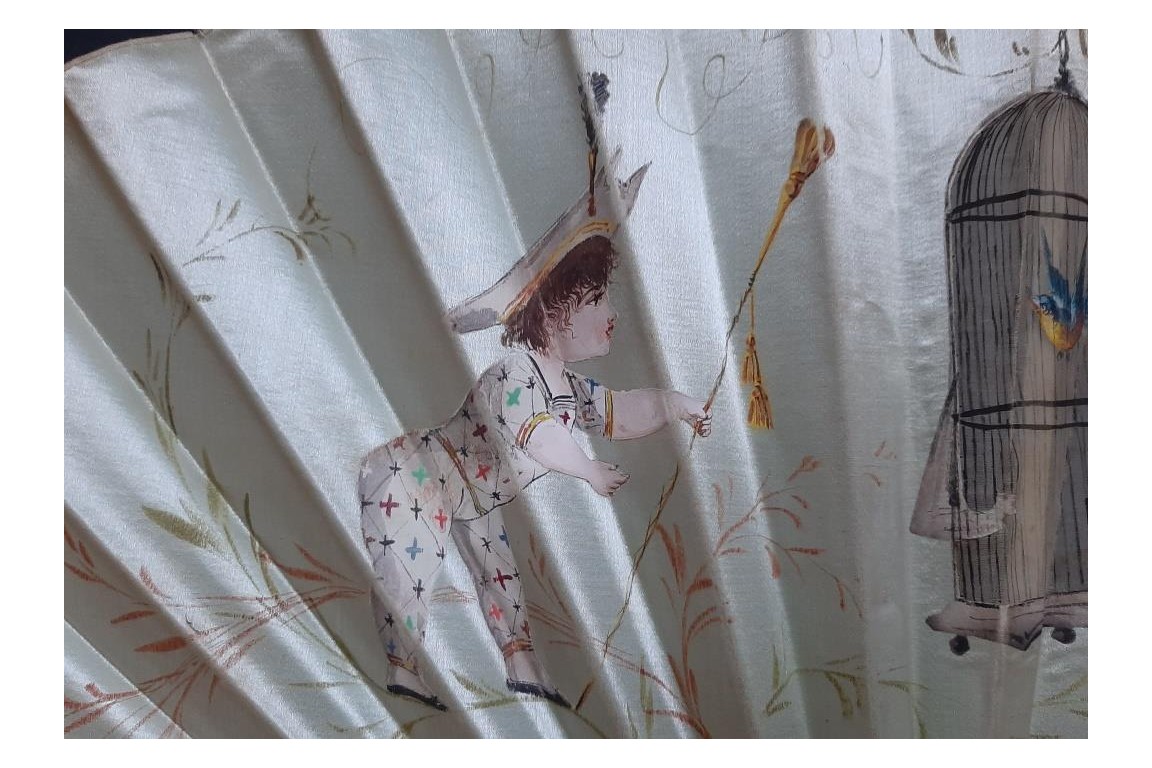 L'oiseau et Arlequin, éventail domino de Dubois-Souci vers 1880-90