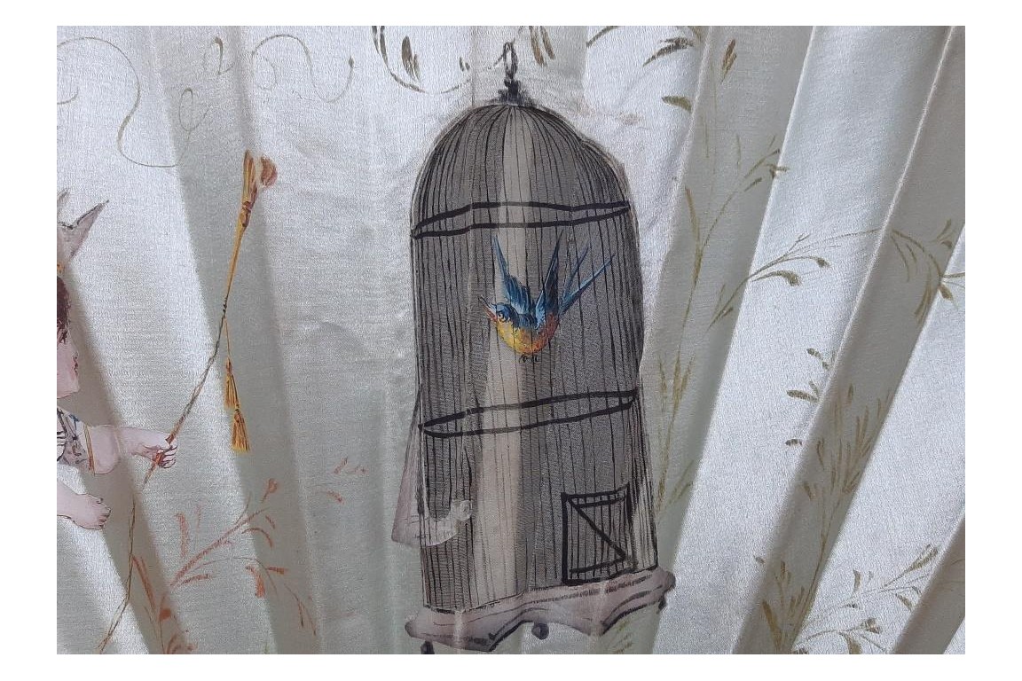 L'oiseau et Arlequin, éventail domino de Dubois-Souci vers 1880-90