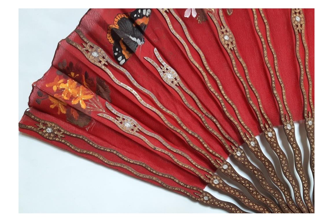 Red butterflies by Dailliard, late 19th century fan
