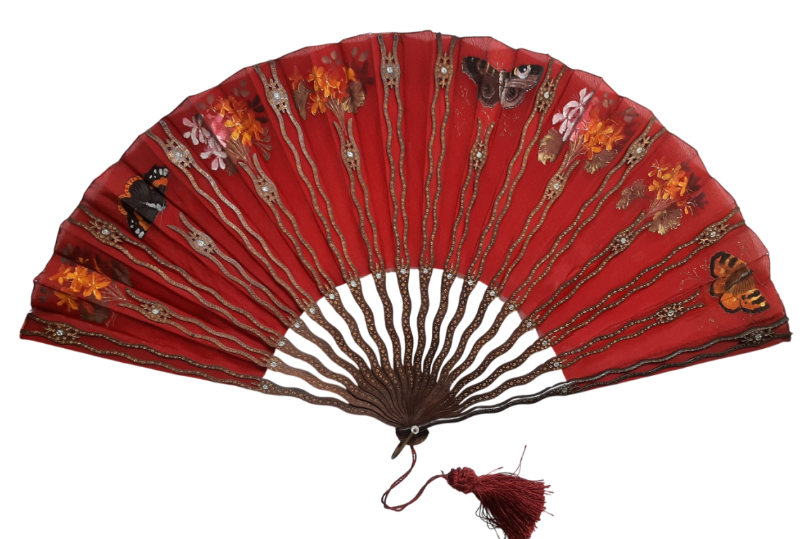 Red butterflies by Dailliard, late 19th century fan