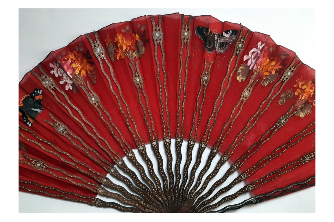 Red butterflies by Dailliard, late 19th century fan