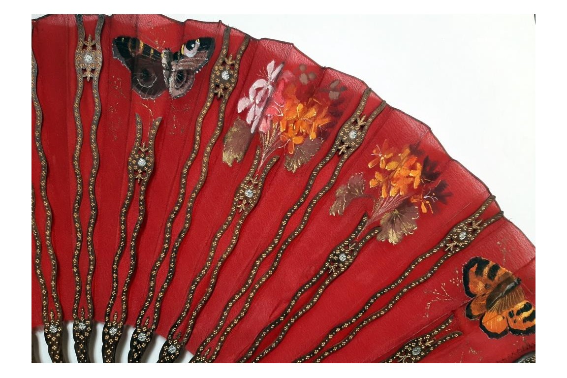 Red butterflies by Dailliard, late 19th century fan