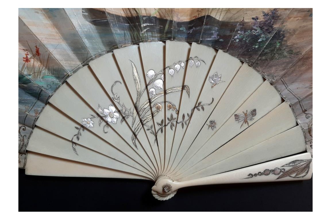 Swan and lily of love, fan by Marie Dumas circa 1890