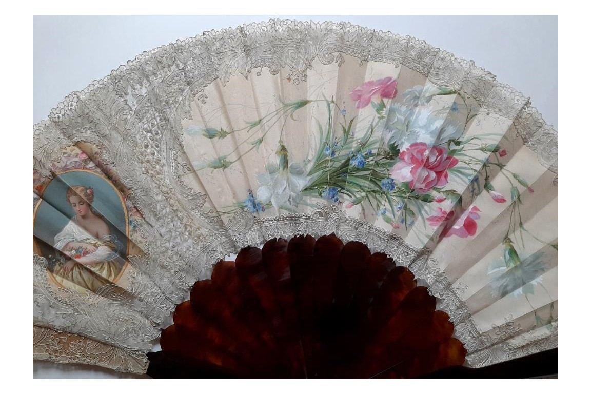Beauty  with carnations,  Second Empire period fan