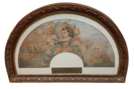 L'enfant et la chasse, feuille d'éventail du peintre Marcius-Simons, fin XIXème siècle