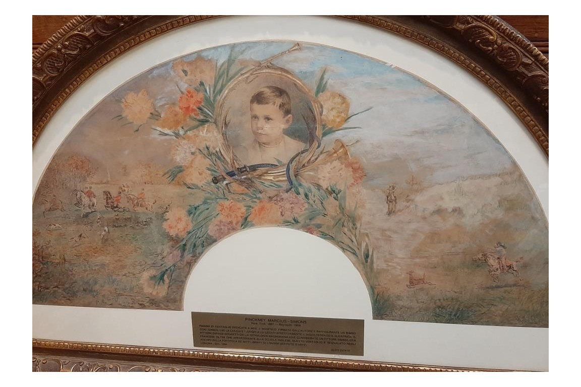 L'enfant et la chasse, feuille d'éventail du peintre Marcius-Simons, fin XIXème siècle