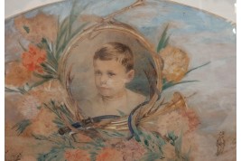 L'enfant et la chasse, feuille d'éventail du peintre Marcius-Simons, fin XIXème siècle