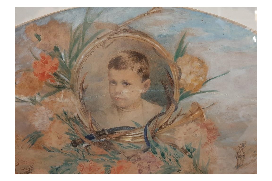 L'enfant et la chasse, feuille d'éventail du peintre Marcius-Simons, fin XIXème siècle