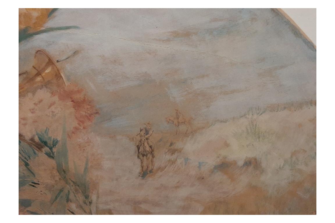 L'enfant et la chasse, feuille d'éventail du peintre Marcius-Simons, fin XIXème siècle