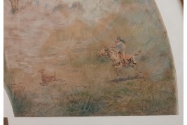 L'enfant et la chasse, feuille d'éventail du peintre Marcius-Simons, fin XIXème siècle