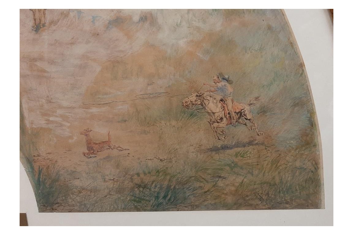 L'enfant et la chasse, feuille d'éventail du peintre Marcius-Simons, fin XIXème siècle