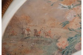 L'enfant et la chasse, feuille d'éventail du peintre Marcius-Simons, fin XIXème siècle