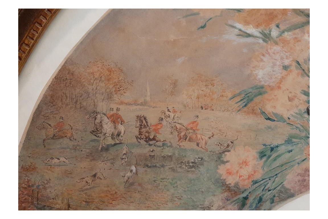 L'enfant et la chasse, feuille d'éventail du peintre Marcius-Simons, fin XIXème siècle