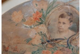 L'enfant et la chasse, feuille d'éventail du peintre Marcius-Simons, fin XIXème siècle