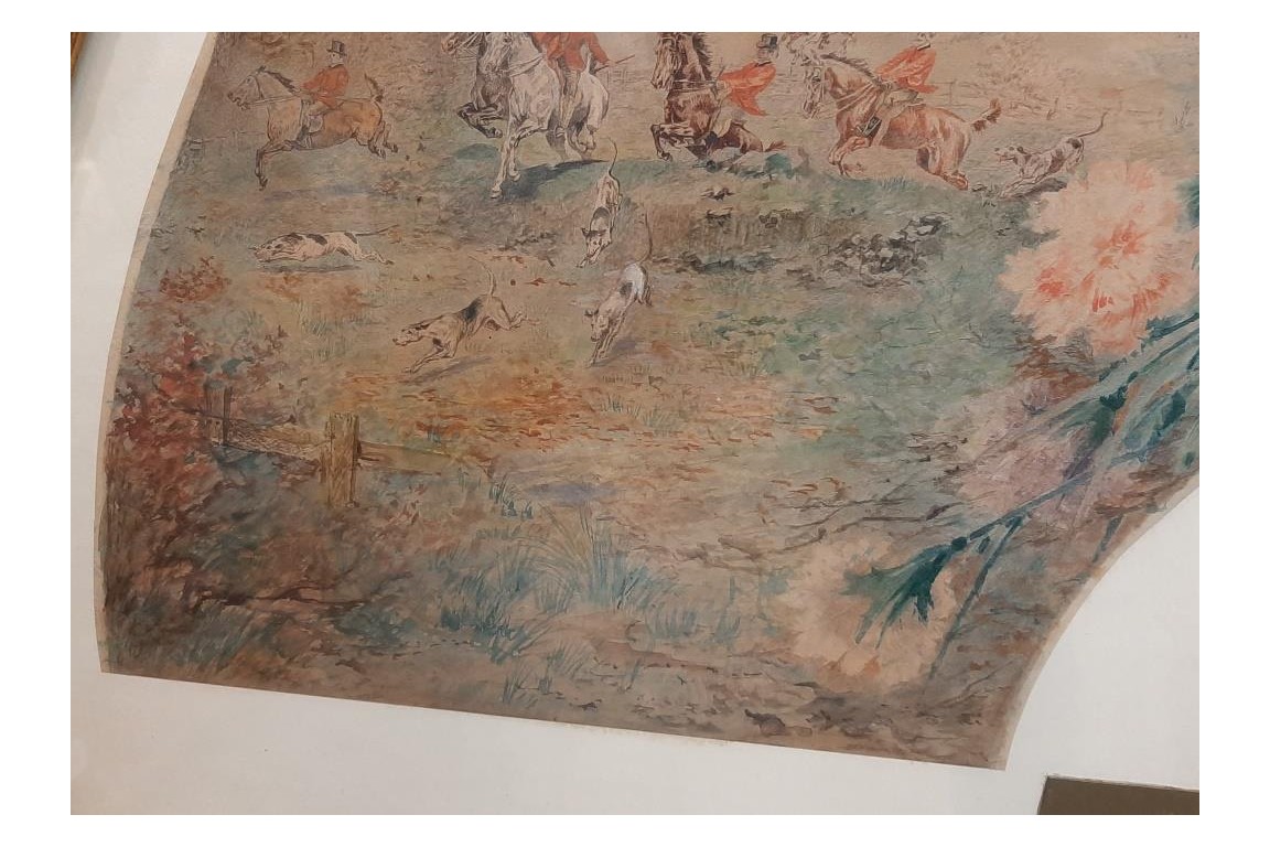 L'enfant et la chasse, feuille d'éventail du peintre Marcius-Simons, fin XIXème siècle