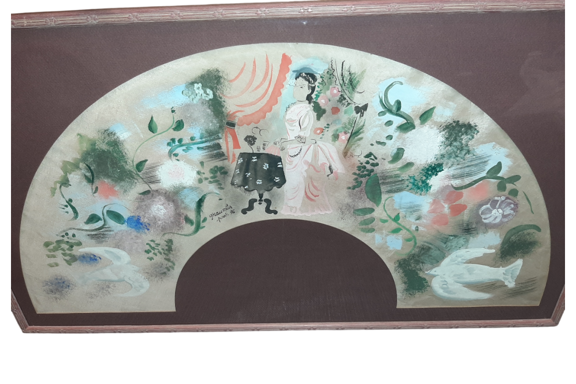 Jeune femme aux colombes, feuille d'éventail d'Emilio Grau Sala, 1936