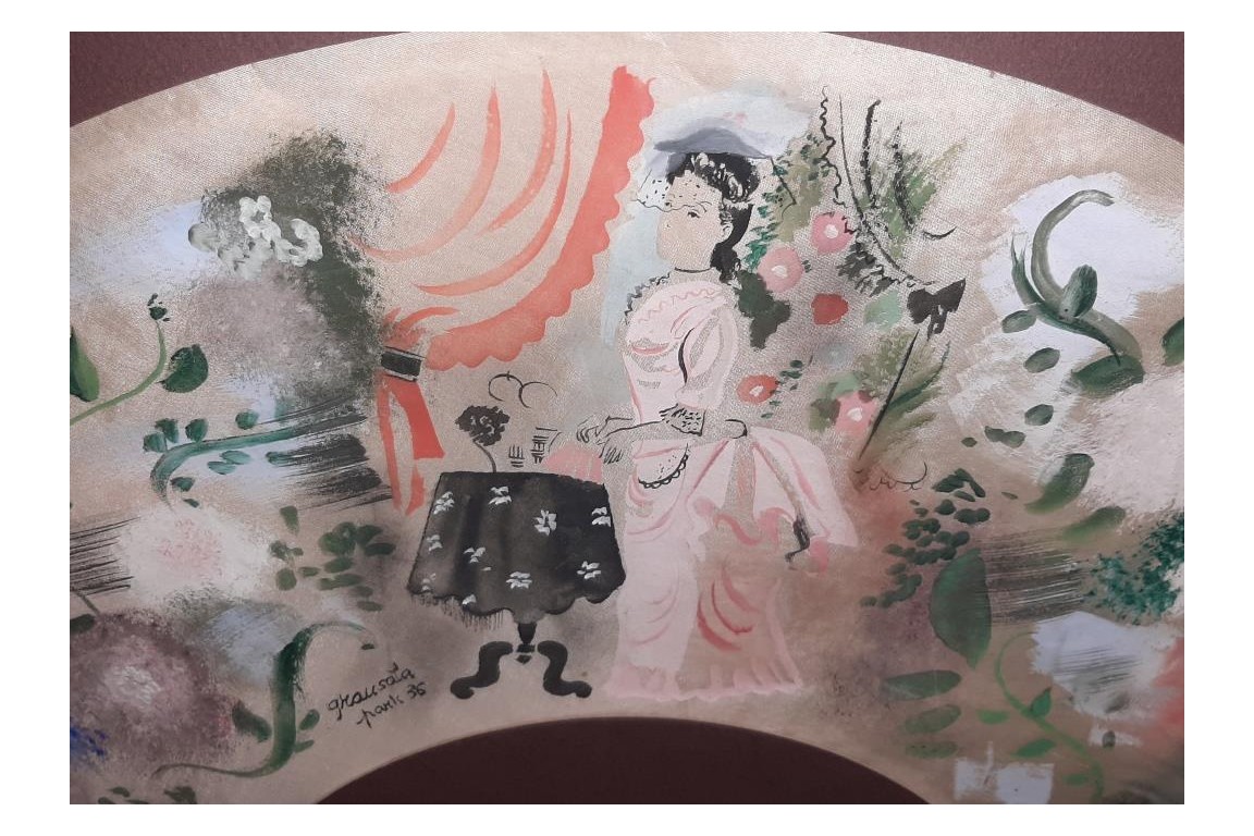 Jeune femme aux colombes, feuille d'éventail d'Emilio Grau Sala, 1936