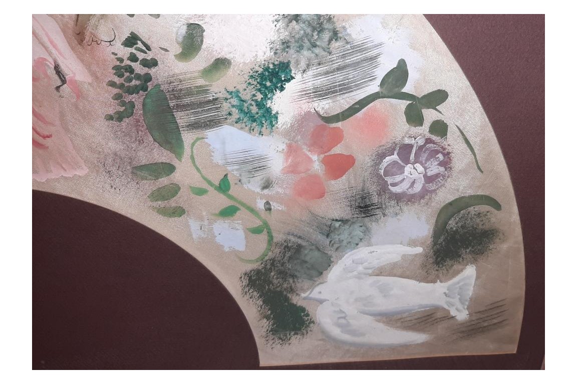 Jeune femme aux colombes, feuille d'éventail d'Emilio Grau Sala, 1936