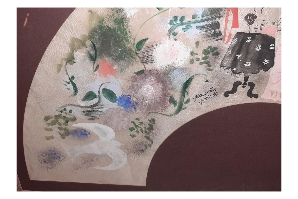 Jeune femme aux colombes, feuille d'éventail d'Emilio Grau Sala, 1936