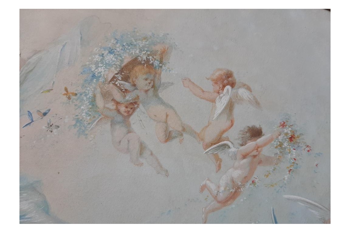 Nymphe des Amours, feuille d'éventail période Belle Époque