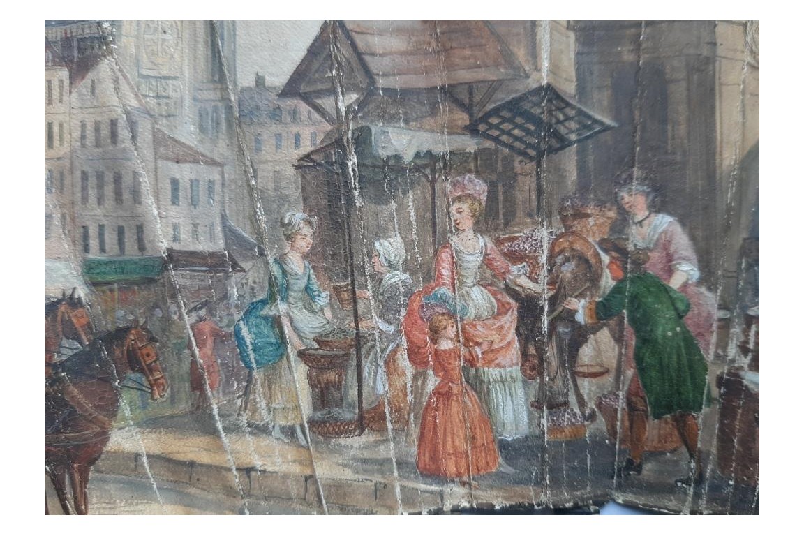 Le marché de la place Maubert, éventail pastiche XIXème
