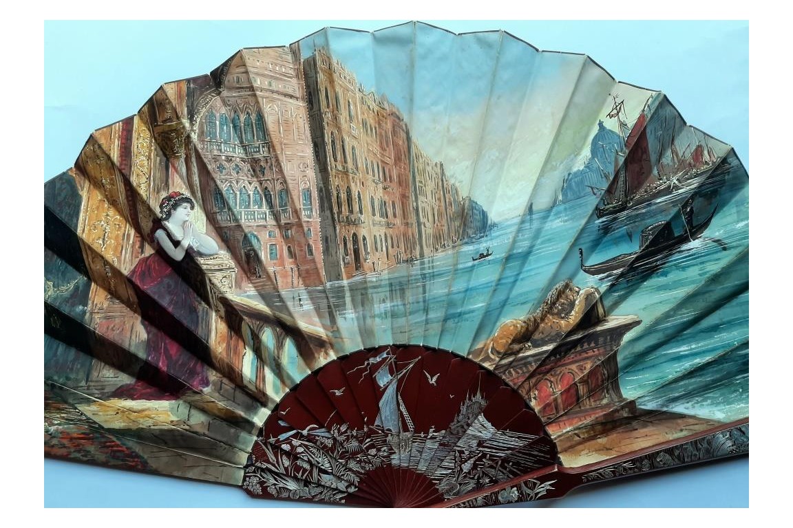 Beauty looking out over the Grand Canal in Venice, fan by Aurant, late 19th century