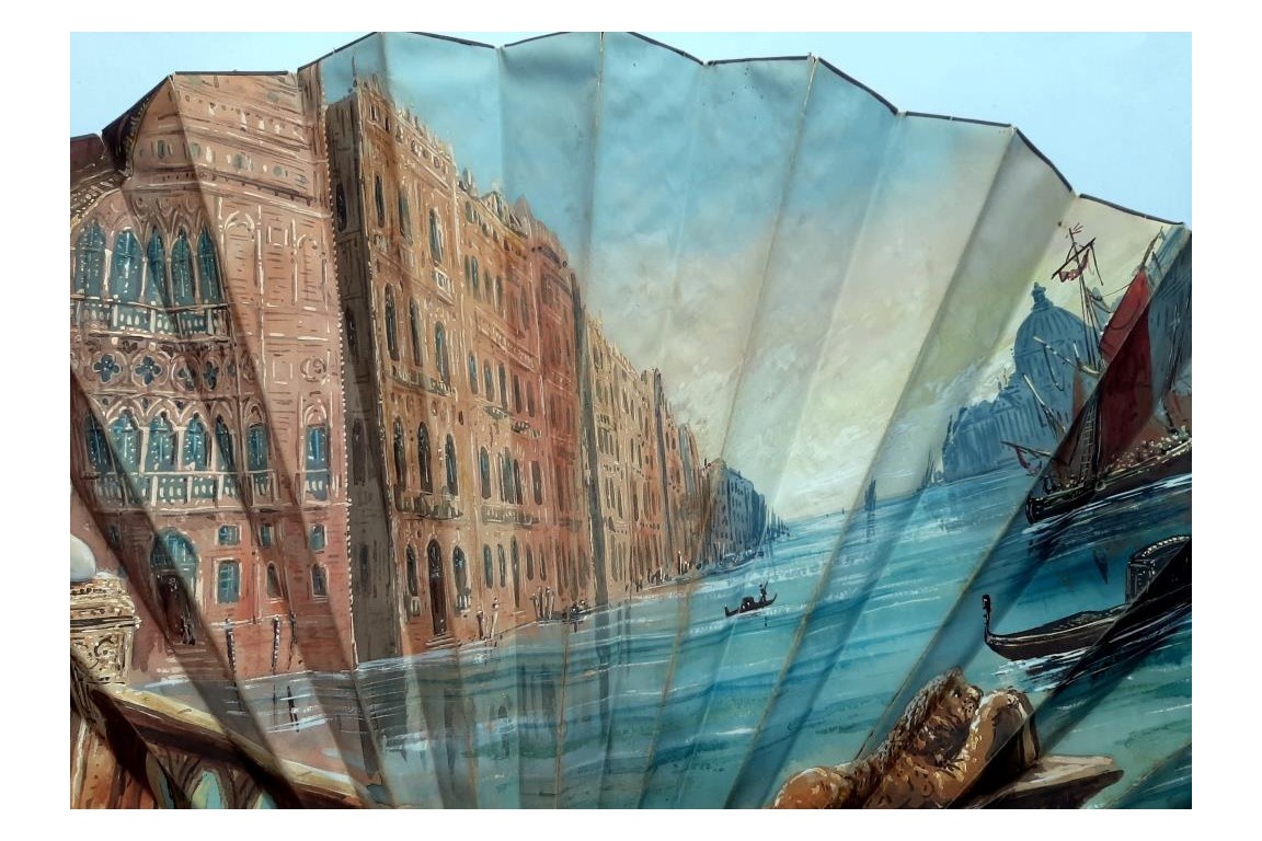 Beauty looking out over the Grand Canal in Venice, fan by Aurant, late 19th century