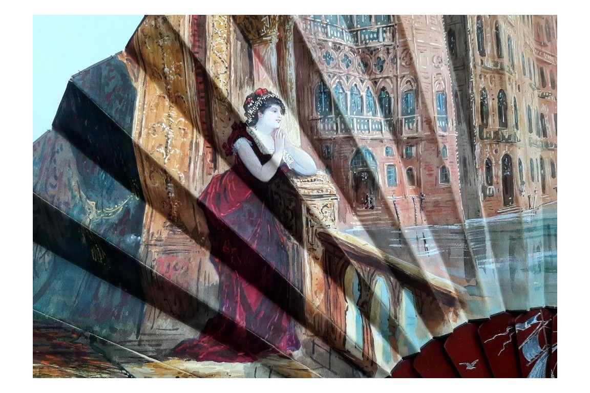 Belle regardant le Grand Canal à Venise, éventail d'Aurant, fin XIXème siècle