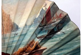 Belle regardant le Grand Canal à Venise, éventail d'Aurant, fin XIXème siècle