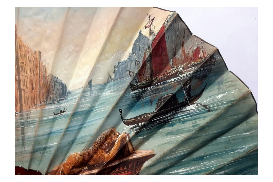 Beauty looking out over the Grand Canal in Venice, fan by Aurant, late 19th century