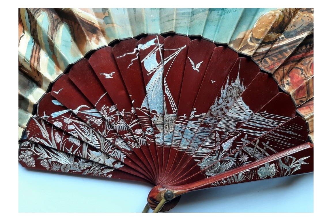Beauty looking out over the Grand Canal in Venice, fan by Aurant, late 19th century