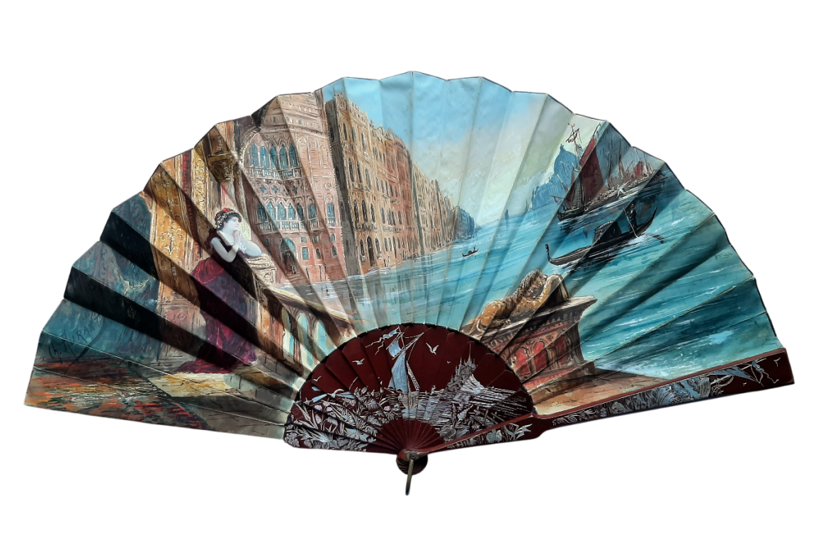 Beauty looking out over the Grand Canal in Venice, fan by Aurant, late 19th century