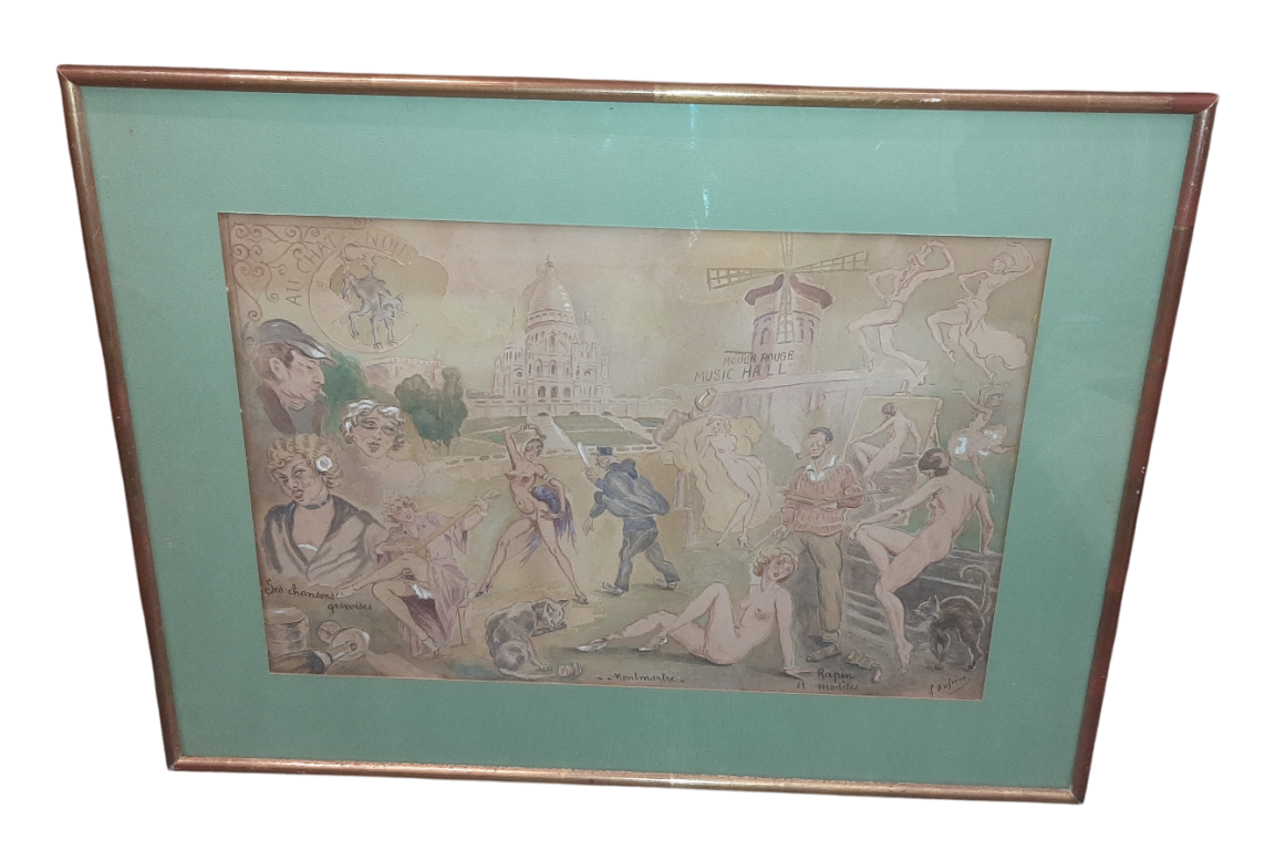 Mythic Montmartre, gouache by Aufrère, 20th century