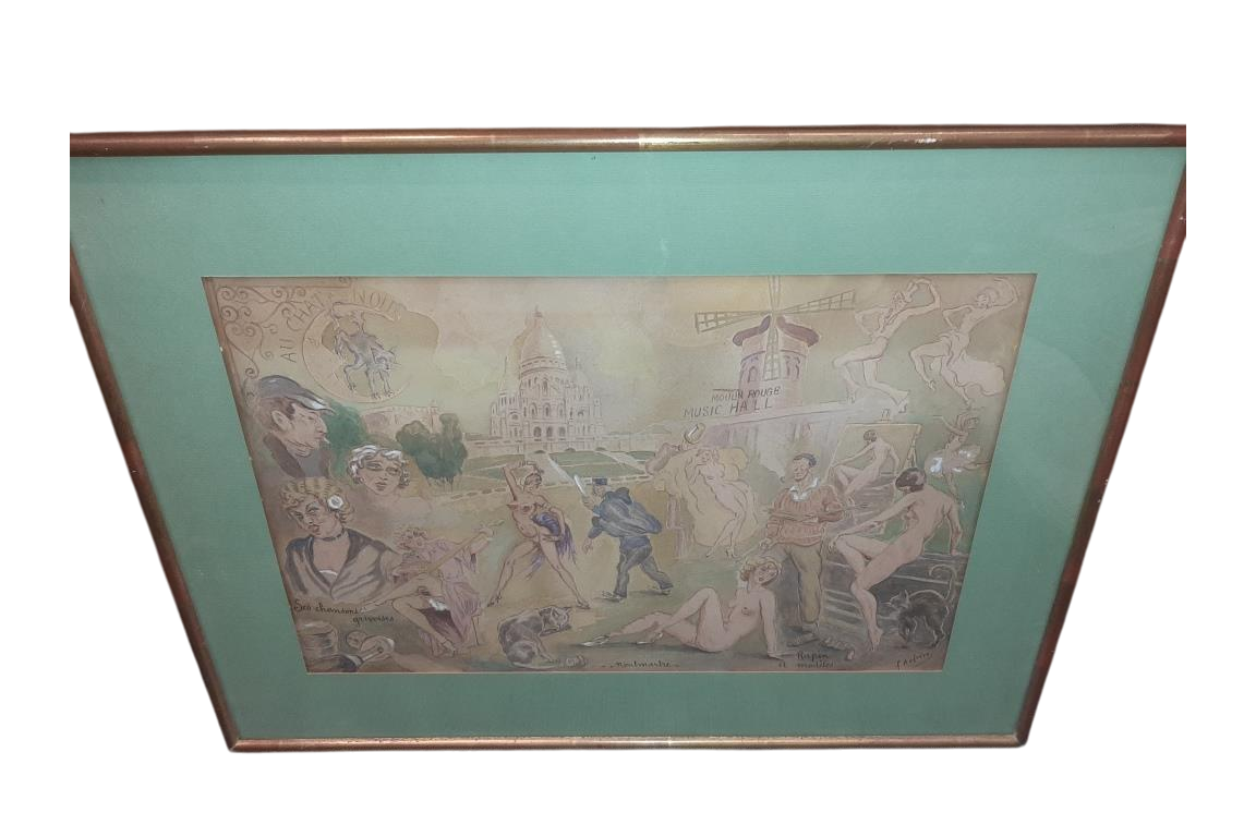 Mythic Montmartre, gouache by Aufrère, 20th century