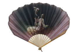 Beautés orientales au perroquet, éventail vers 1900-1930