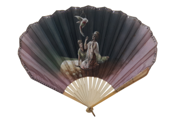 Beautés orientales au perroquet, éventail vers 1900-1930