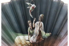 Beautés orientales au perroquet, éventail vers 1900-1930