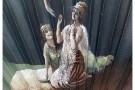 Beautés orientales au perroquet, éventail vers 1900-1930