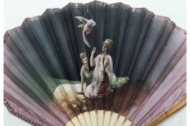 Beautés orientales au perroquet, éventail vers 1900-1930