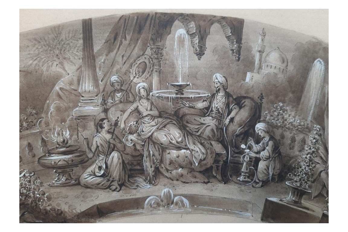 Turqueries amoureuses, projet d'éventail de Belleville, vers 1840-50
