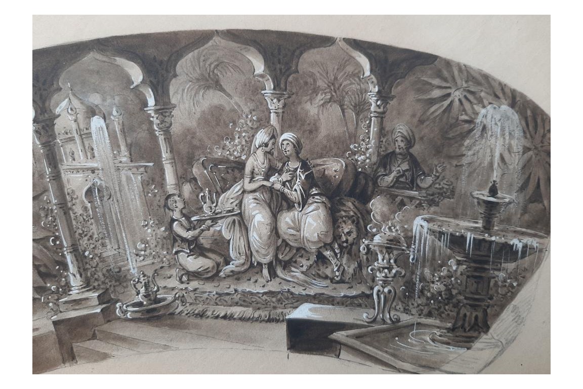 Turqueries amoureuses, projet d'éventail de Belleville, vers 1840-50