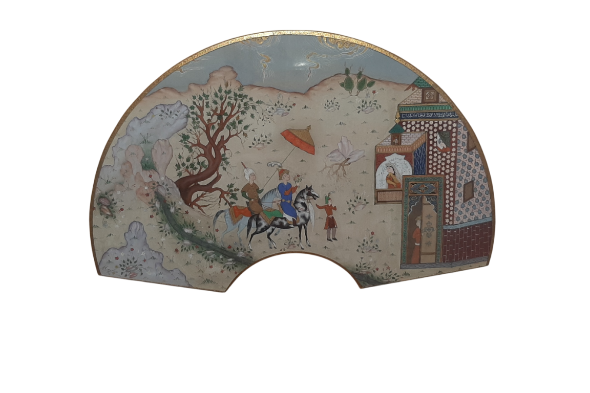 Hunting and seduction in Persia, fan leaves by Carlon, 1913