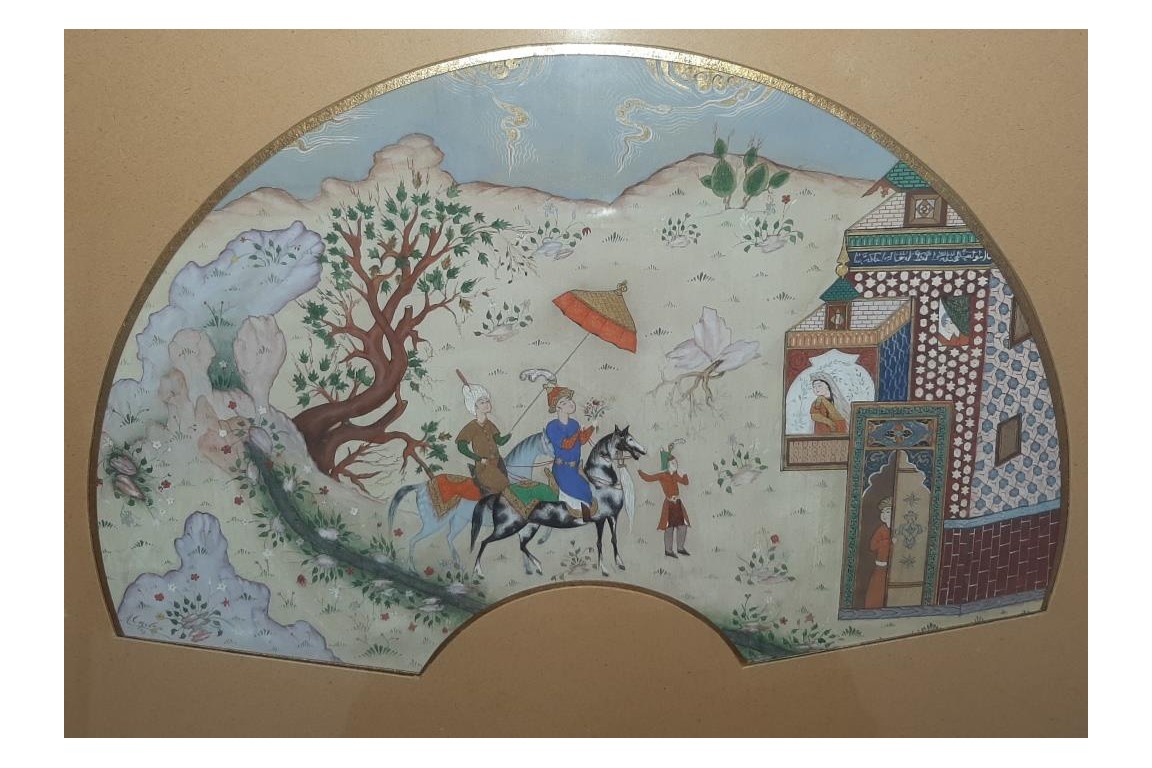Hunting and seduction in Persia, fan leaves by Carlon, 1913