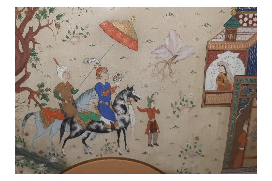 Hunting and seduction in Persia, fan leaves by Carlon, 1913