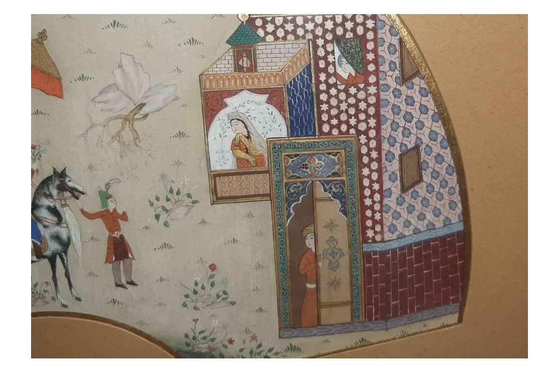 Hunting and seduction in Persia, fan leaves by Carlon, 1913